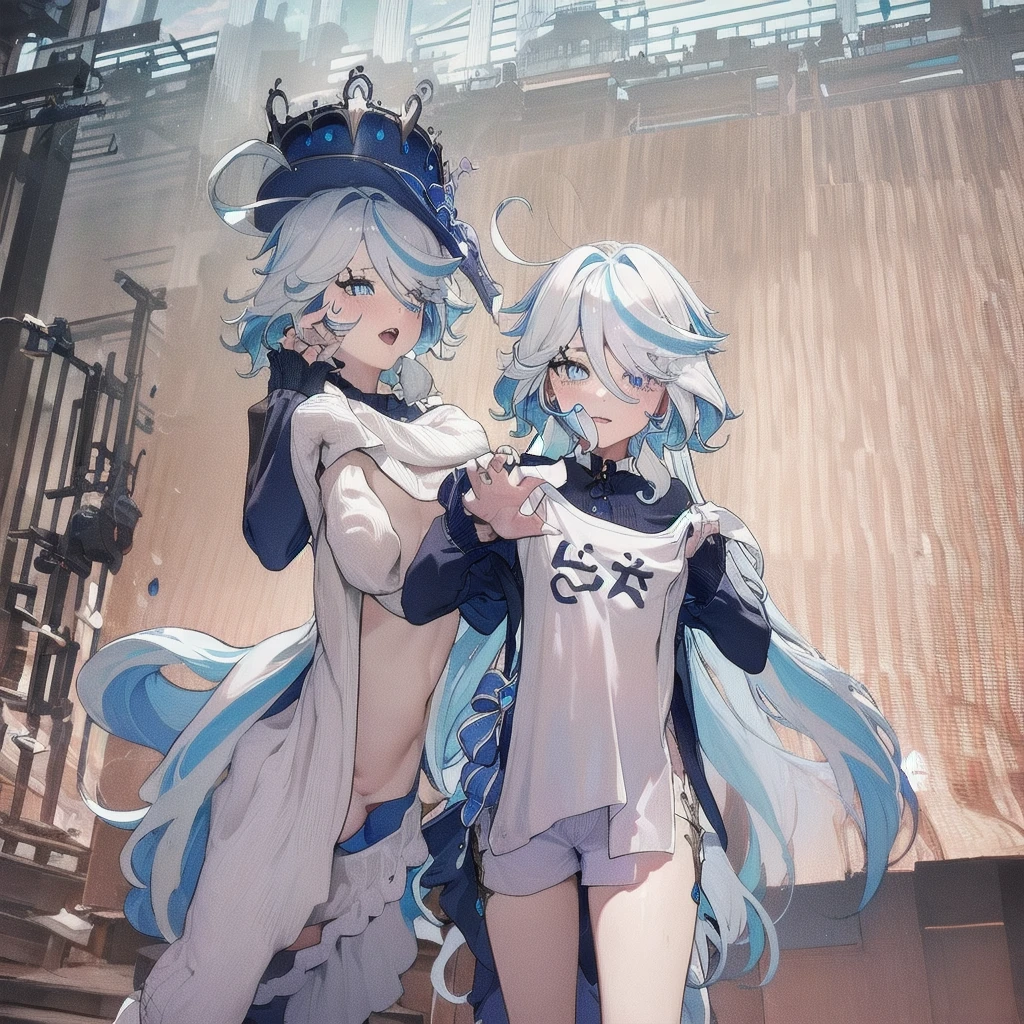 masterpiece, best quality, Delicate face, Heterochromia of the Eyes,Perfect hands, flat chest, HD, best quality, (Looking at the audience, Sleepy), ((1 Girl)),Cowboy shooting,thigh, Forrina,short hair,((Gradient hair)),Colorful eyes, Gradient eyes, (Fashion Makeup), blush, Messy hair, White shirt, Off-shoulder, Nude shirt, No pants, lie, bare arm, shorts, Bare legs, bedroom