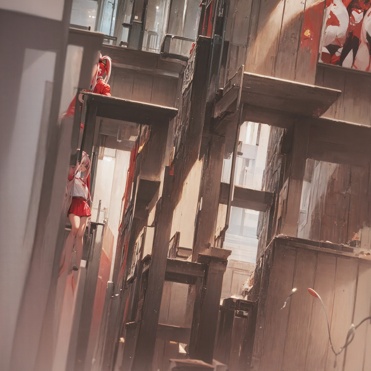 Anime, girl in a short miniskirt, long red and white hair, Twin Tail, in a beautiful pose, 3D wallpaper