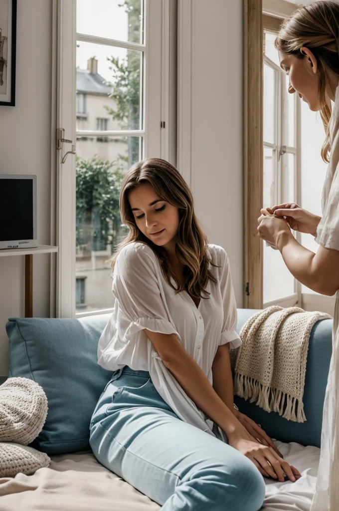 une scène touchante d'un jeune adulte assis à côté d'une grand-mère âgée dans un salon confortable et chaudement éclairé. Le jeune adulte écoute attentivement avec une expression d'amour tandis que la grand-mère, aux yeux gentils et aux rides douces, partage une histoire sincère. La pièce devrait avoir des éléments nostalgiques tels qu'une étagère remplie de vieux livres, des photos de famille encadrées et une horloge vintage sur le mur. La lumière douce et naturelle d'une fenêtre voisine jette une lueur chaude sur la scène. Utilisez une palette de tons doux et terreux pour créer une atmosphère de chaleur et de confort. Le titre "Les Racines de l'Amour" devrait être dans une police à empastement élégante, et le nom de l'auteur devrait être dans un style complémentaire et discret
