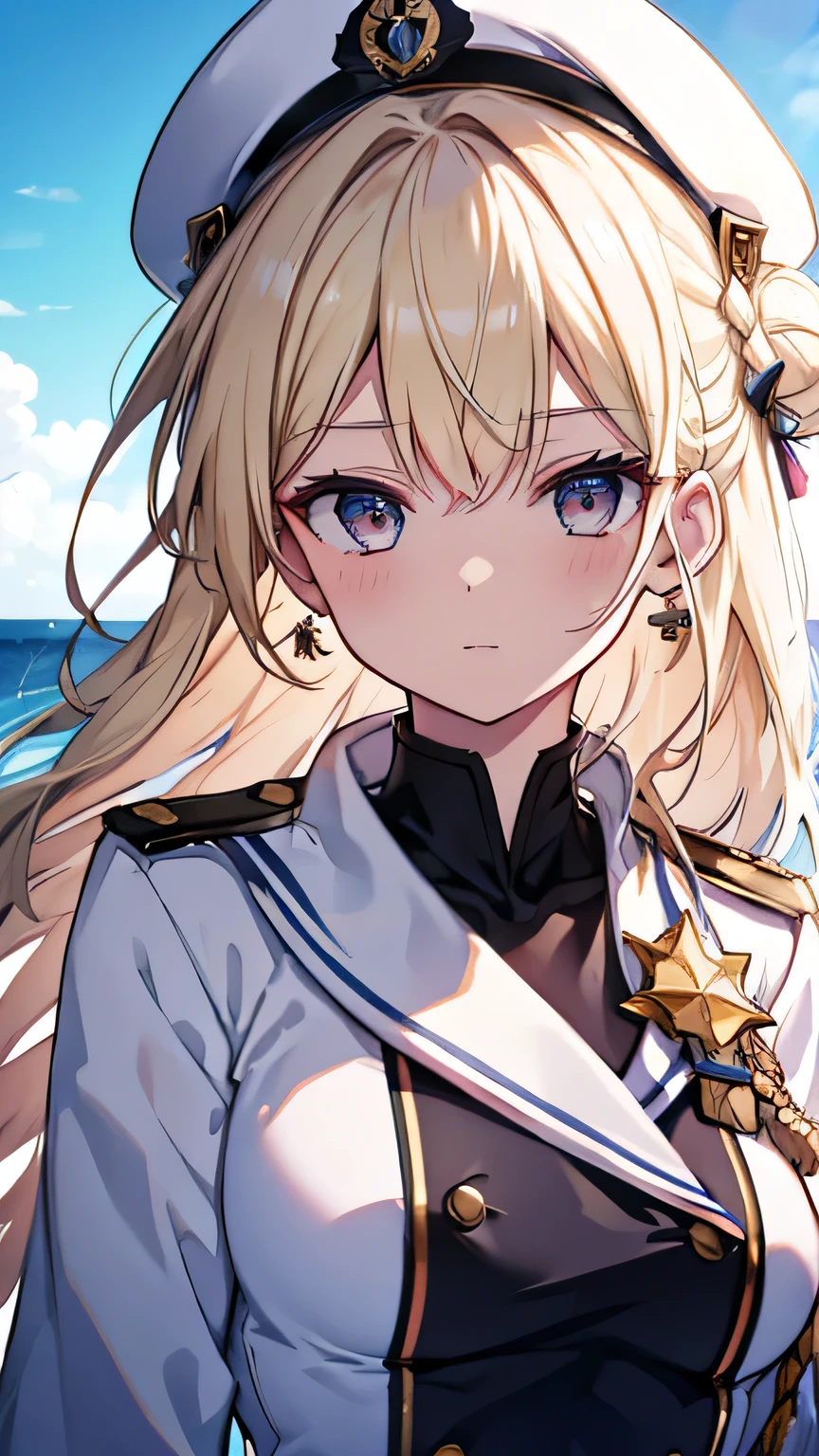 Royal Navy, Horatio Nelson, Admiral, on board, warship, clear skies, aboard a warship at sea, commander, naval uniform, blonde hair, hair bun, raised eyebrows, upturned eyes, earrings, cinematic lighting, pov, ((masterpiece)), (super detail), textured skin, high quality, highres