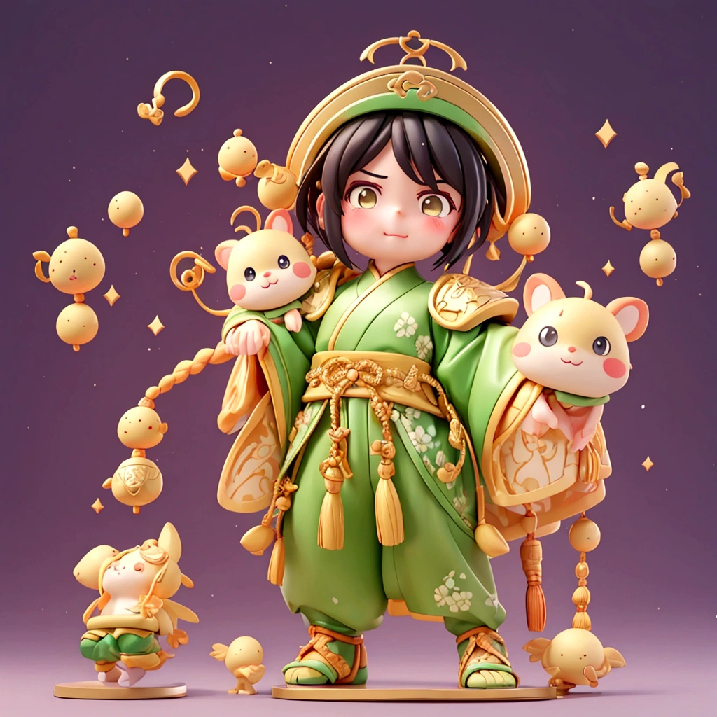 Boys,(Guan Yu:1.5),Mighty and domineering,chibi,armor,(green:0.5),long whiskers,Handheld weapons,(Long-handled knives:1.8),Chinese clothing,whole body