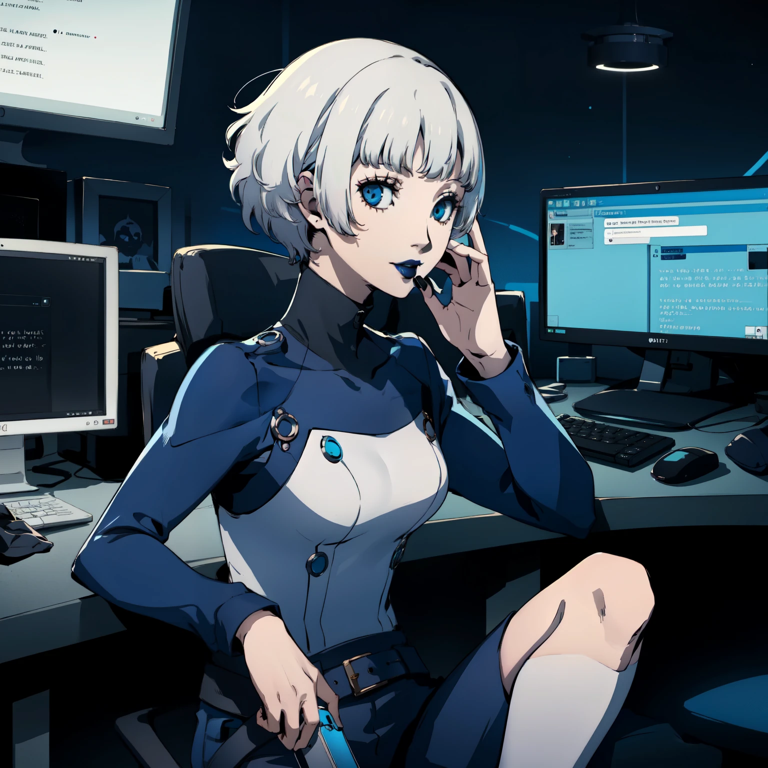 masterpiece, ((best quality)),((1 girl)), blue eyes, black lipstick, white hair, female , tomboy Pixie haircut, deep blue suit, white hair, white hair,smiling,hacker,in the,dark room,sitting,looking monitor,cute