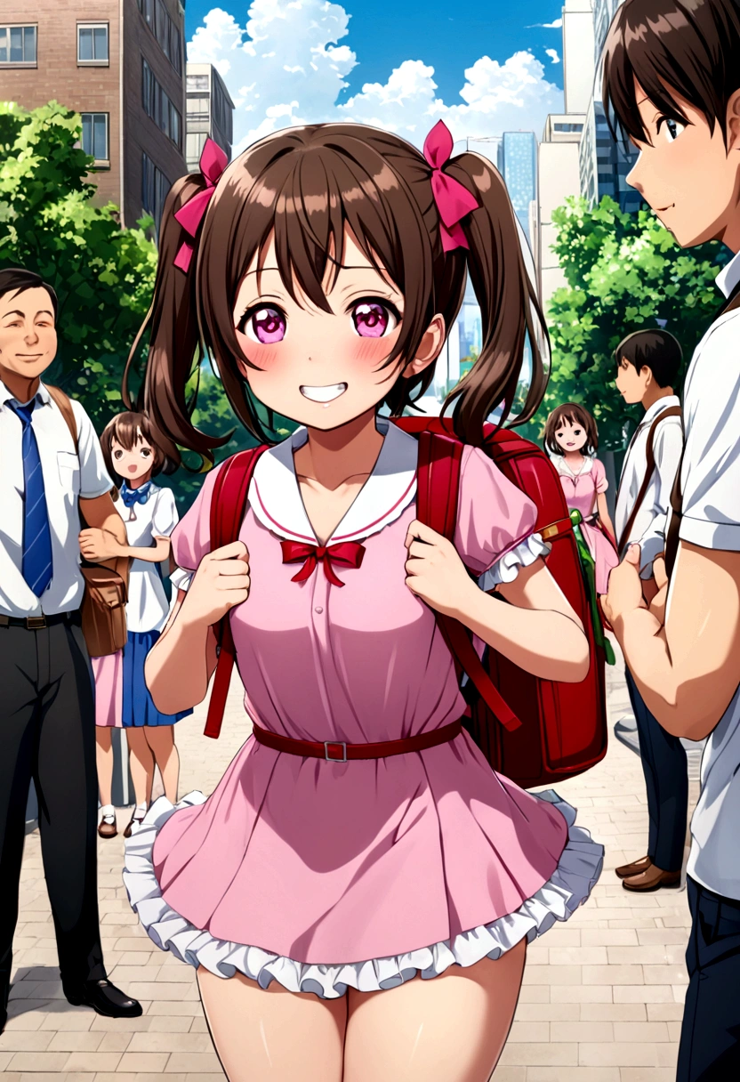 masterpiece, Highest quality, Nico_Yazawa,High resolution, 1 Girl, alone, Brown Hair, short hair, Twin tails、Purple eyes, Cowboy Shot, Frill dress, , Pink Dress, (Cleavage)、(Beautiful thighs)、city, Outdoor, garden, Carrying a red backpack, (randoseru backpack:1.2) Sweaty、Thick thighs、Highest quality、4K、1girl, 8years old, loli, cute, grin, 、Skirt lift striped underwear、In the city、Many passersby are surrounding the girl.、、Thick thighs、Ahegao、Men holding their penises and surrounding girls、Semen from the penis、Bukkake、Bukkake、(Bukkake)