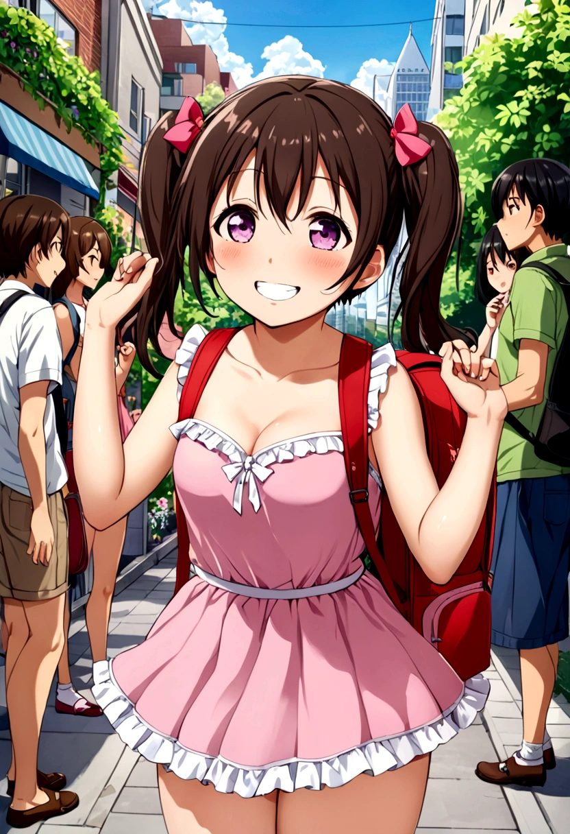 masterpiece, Highest quality, Nico_Yazawa,High resolution, 1 Girl, alone, Brown Hair, short hair, Twin tails、Purple eyes, Cowboy Shot, Frill dress, , Pink Dress, (Cleavage)、(Beautiful thighs)、city, Outdoor, garden, Carrying a red backpack, (randoseru backpack:1.2) Sweaty、Thick thighs、Highest quality、4K、1girl, 8years old, ****, cute, grin, 、Skirt lift striped underwear、In the city、Many passersby are surrounding the girl.、、Thick thighs、Ahegao、Men holding their penises and surrounding girls、Semen from the penis、Bukkake、Bukkake、（Bukkake）