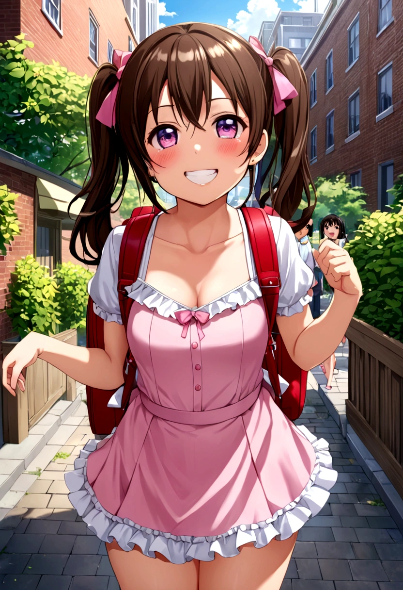 masterpiece, Highest quality, Nico_Yazawa,High resolution, 1 Girl, alone, Brown Hair, short hair, Twin tails、Purple eyes, Cowboy Shot, Frill dress, , Pink Dress, (Cleavage)、(Beautiful thighs)、city, Outdoor, garden, Carrying a red backpack, (randoseru backpack:1.2) Sweaty、Thick thighs、Highest quality、4K、1girl, 8ars old, lo, cute, grin, 、Skirt lift striped underwear、In the city、Many passersby are surrounding the girl.、、Thick thighs、Ahegao、Men holding their penises and surrounding girls、Semen from the penis、Bukkake、Bukkake、（Bukkake）