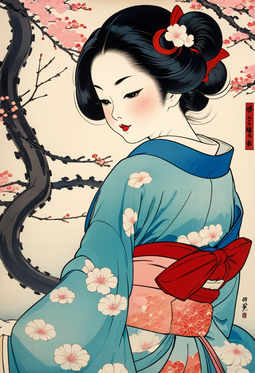 (Ito Shinsui style:1.2) , Hallucination, daydream , nightmare , Insane Dream , bokeh , erotica , romance , realistic mouse nymph and realistic cat , Women's hakama from the Meiji period , Petals fluttering down , Single eyelids, round nose, swollen cheeks , glossy lips , Collarbone , Hair blowing in the wind , Meiji period , Scapula