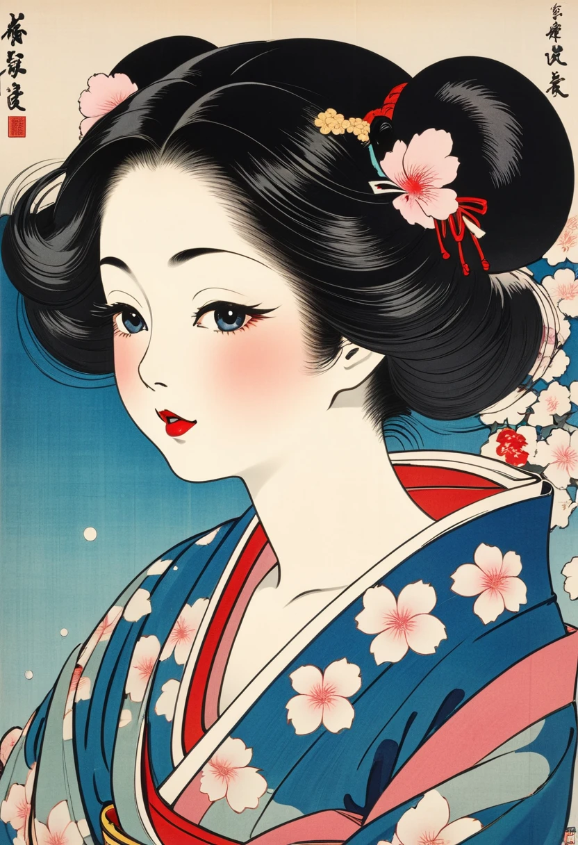 (Ito Shinsui style:1.2) , Hallucination, daydream , nightmare , Insane Dream , bokeh , erotica , romance , realistic mouse nymph and realistic cat , Women's hakama from the Meiji period , Petals fluttering down , Single eyelids, round nose, swollen cheeks , glossy lips , Collarbone , Hair blowing in the wind , Meiji period , Scapula