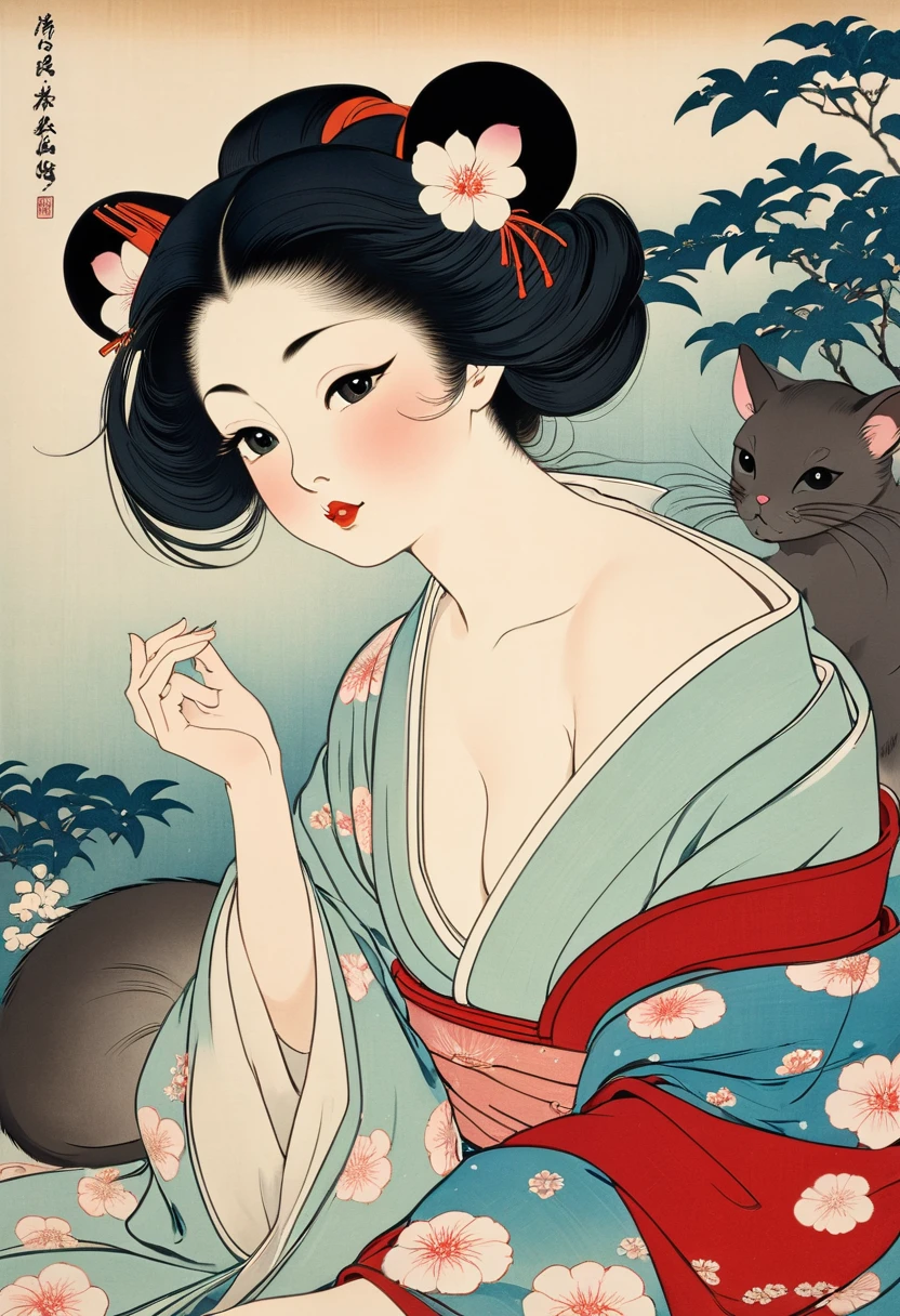 (Ito Shinsui style:1.2) , Hallucination, daydream , nightmare , Insane Dream , bokeh , erotica , romance , realistic mouse nymph and realistic cat , Women's hakama from the Meiji period , Petals fluttering down , Single eyelids, round nose, swollen cheeks , glossy lips , Collarbone , Hair blowing in the wind , Meiji period , Scapula