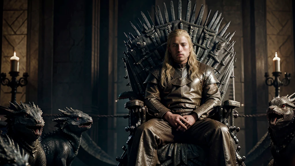 Handsome blond man sits on the iron throne, surrounded by living dragons like in Game of Thrones. hyperrealism, movie