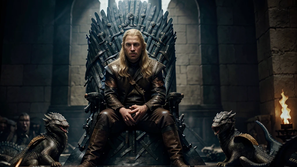 Handsome blond man sits on the iron throne, surrounded by living dragons like in Game of Thrones. hyperrealism, movie