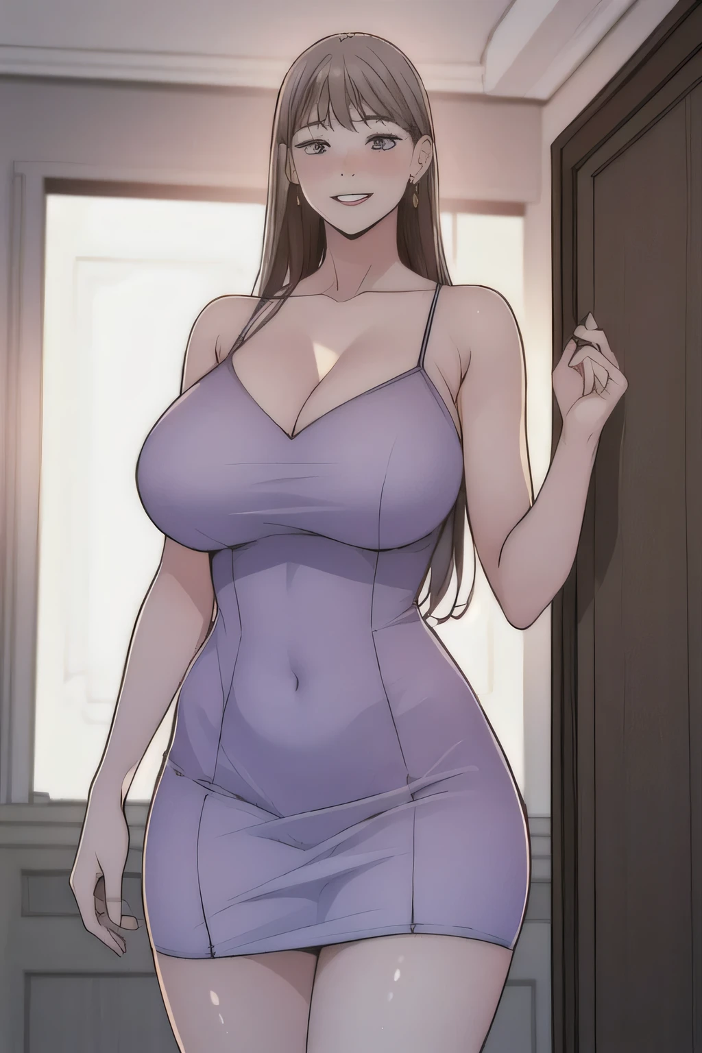 si-won, 1girl, breasts, covered_navel, dress, cleavage, solo, long_hair, huge_breasts, looking_at_viewer, mature_female, purple_dress, curvy, jewelry, earrings, bare_shoulders, blush, collarbone, indoors, parted_lips, thighs, bangs, tight_dress, smile, cowboy_shot, short_dress, parted_bangs