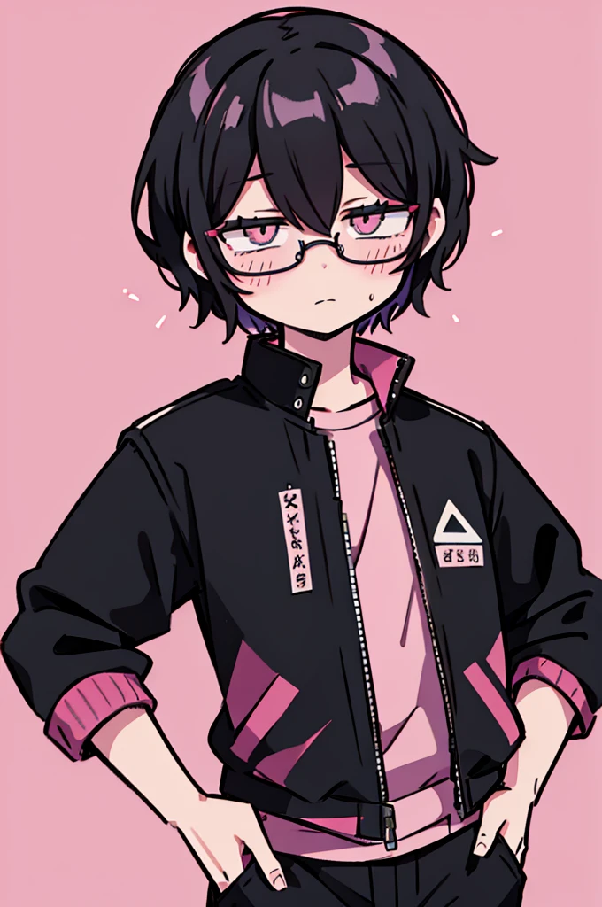 black pants, Sharp image, man, Black hair with pink ends, wearing a pink jacket. , has a dull, bored face, wears round glasses, has short, neat hair,