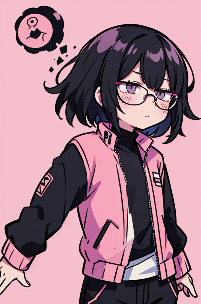 black pants, Sharp image, man, Black hair with pink ends, wearing a pink jacket. , has a dull, bored face, wears round glasses, has short, neat hair,