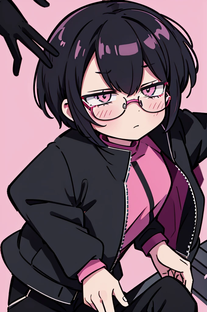 black pants, Sharp image, man, Black hair with pink ends, wearing a pink jacket. , has a dull, bored face, wears round glasses, has short, neat hair,