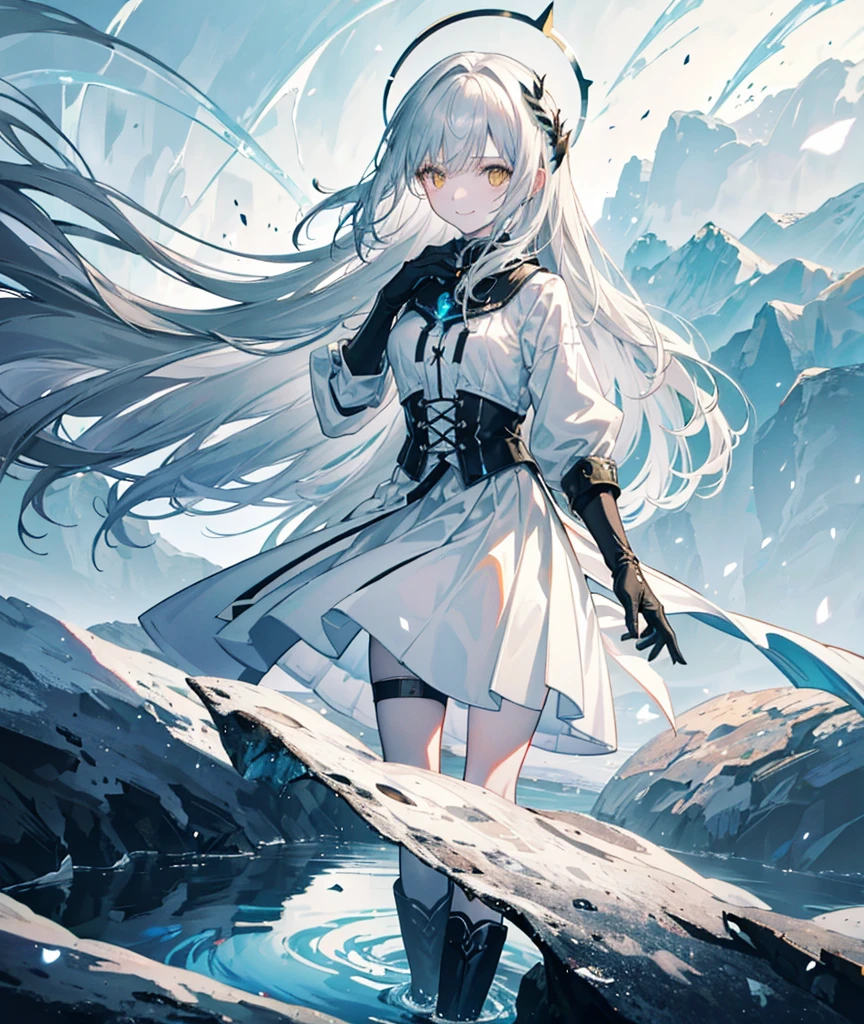 1girl, smiling, walking, Ultrahigh resolution, dark sunlight, river bank, trees, flowing water, ((airoptics:1.2, solar magic:0.9)), ((aero gear)), high detailed face, long hair, flowing, ((soft cotton gloves)), ((silver ring)), long coat, pale brown skirt, boots, calm and peaceful, serene eyes, glowing yellow eyes, idyllic setting, harmony with nature, (( composition:1.2)), ((environment:1.2)), ((weather:1.2)), (((very high contrast))), (((soft and warm lighting))), (((freezing atmosphere)))