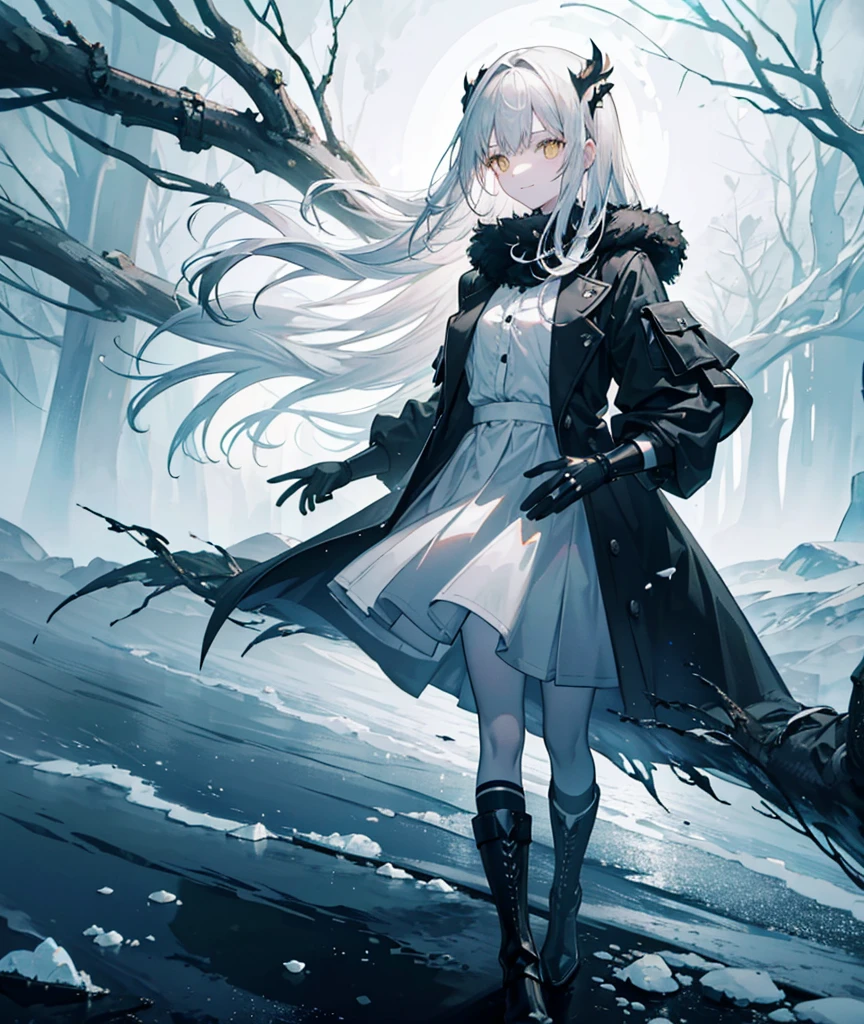 1girl, smiling, walking, Ultrahigh resolution, dark sunlight, river bank, trees, flowing water, ((airoptics:1.2, solar magic:0.9)), ((aero gear)), high detailed face, long hair, flowing, ((soft cotton gloves)), ((silver ring)), long coat, pale brown skirt, boots, calm and peaceful, serene eyes, glowing yellow eyes, idyllic setting, harmony with nature, (( composition:1.2)), ((environment:1.2)), ((weather:1.2)), (((very high contrast))), (((soft and warm lighting))), (((freezing atmosphere)))