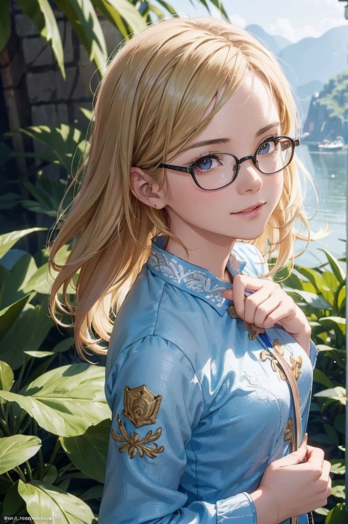 最high quality, high quality, High resolution, high quality texture, high quality shadows, High resolution, Beautiful details, Detailed CG, Detailed Texture, Realistic representation of face, Realistic, colorful, delicate, Cinematic Light, Side light, Lens flare, Ray Tracing, sharp concentrated, (1 Girl,concentrated:1.3), ( Intricate details, compensate, PureErosFaceV1:0.5), (細部まで美しいdelicateな顔, 緻密で美しいdelicateな瞳, Perfect Facial Proportions, Dense skin, Optimal ratio of four fingers to one thumb, Modest chest, Beautiful Hips, Smooth upper abdomen, blue eyes , glasses ,Ao Dai , Vietnam, Halong Bay ,buzzer, blue sky ,adventure journey ,the gaze of true love, lips of temptation, A look full of compassion ,a smile full of love, i love you, Acting lovey-dovey, waist up, 35 years old,house wife,air fortress hair, blonde hair