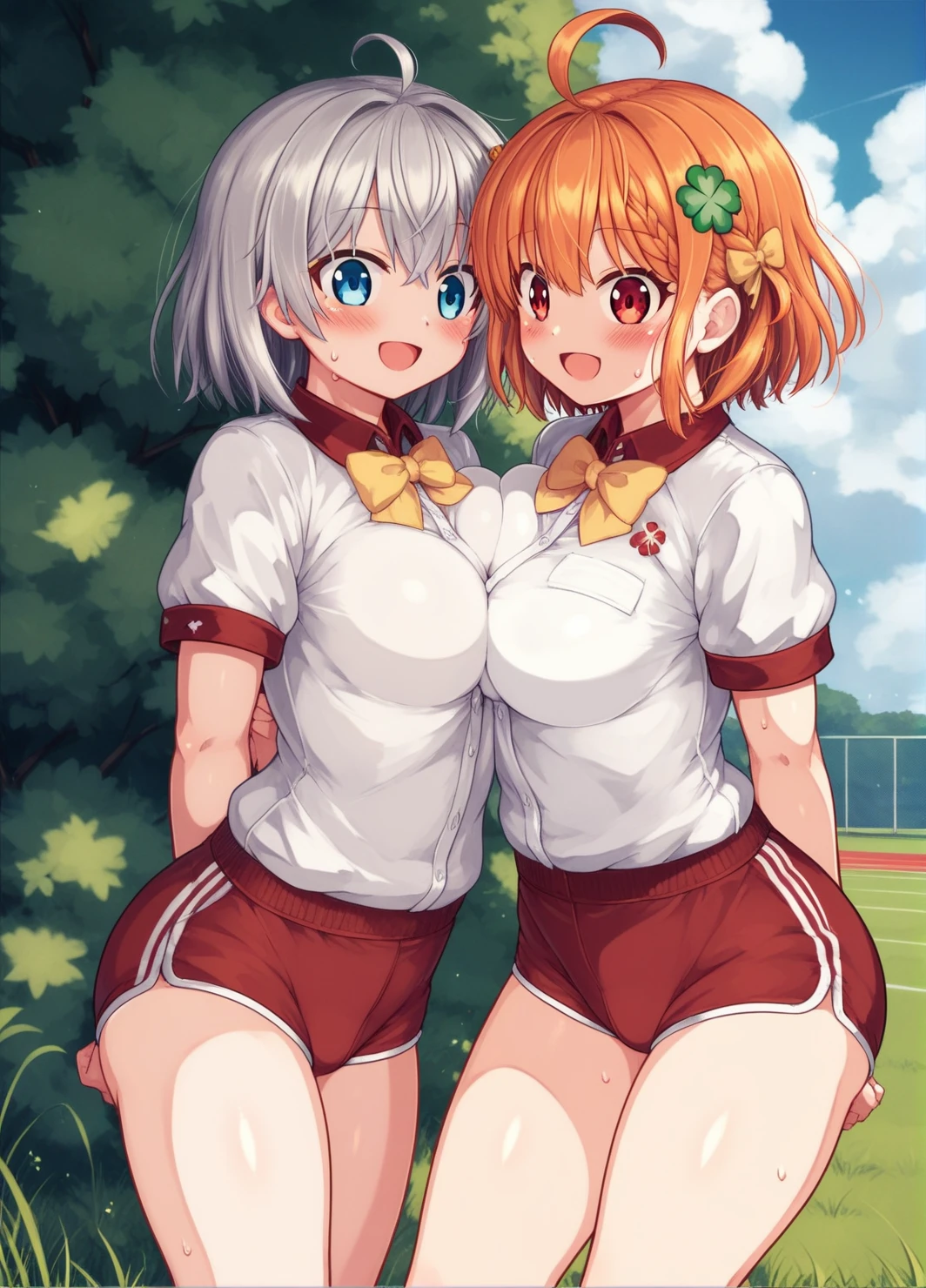 chest, View your viewers, blush, smile, short hair, Open your mouth, bangs, blue eyes, Multiple Girls, Brown Hair, shirt, hair ornaments, Red eyes, Knee socks, bow, Two Girls, meDium chest, Are standing, white shirt, Braiding, Ahoge, Short sleeve, :D, hair bow, Grey Hair, Thighs, Outdoor, null, Day, cloud, Orange Hair, blue null, Put your arms behind your back, Thighsの隙間, Day光, Grass, Breast Press, siDe Braiding, yellow bow, Gym suit, Bloomers, gym shirt, reD Bloomers, clover hair ornaments, Watanabe Yo, Takami Chiumi's bulging clothes