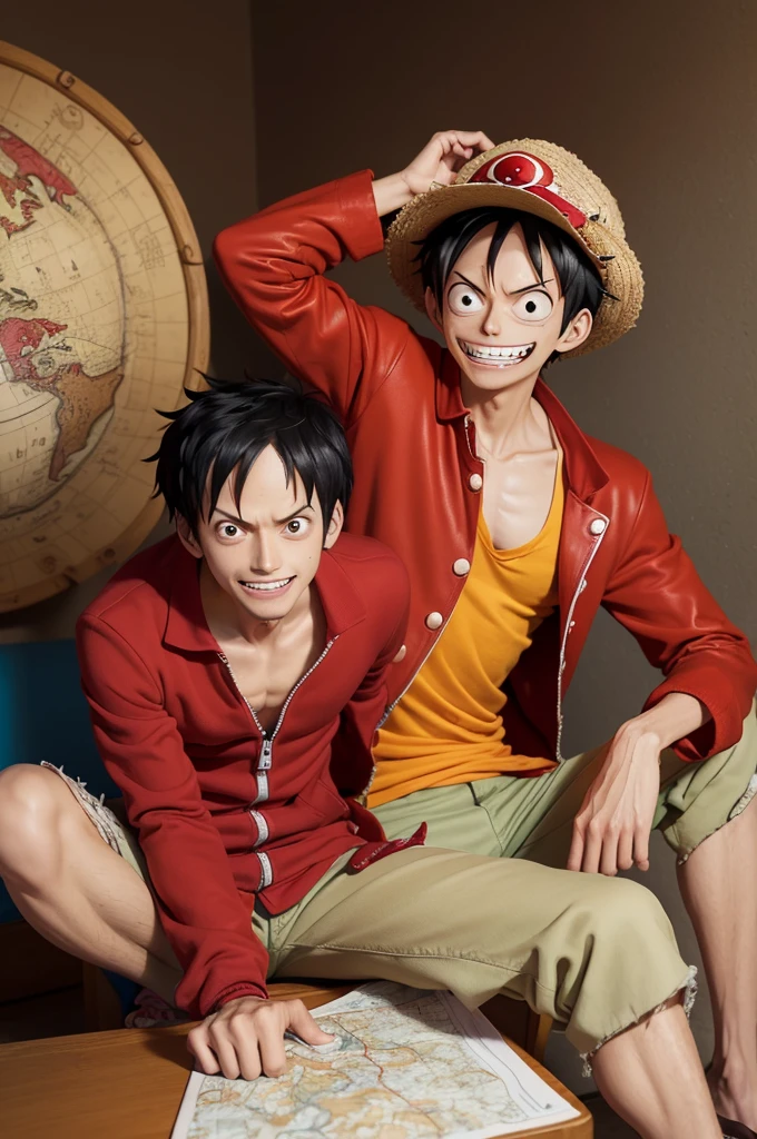 a cartoon image of a man in a red jacket and hat sitting on a map, Luffy, Luffy (one piece, monkey d. Luffy, monkey d Luffy, Luffy from one piece, one piece style, portrait of Luffy from one piece, inspired by Eiichiro Oda, one piece, from one piece, eiichiro oda style, style of eiichiro oda
