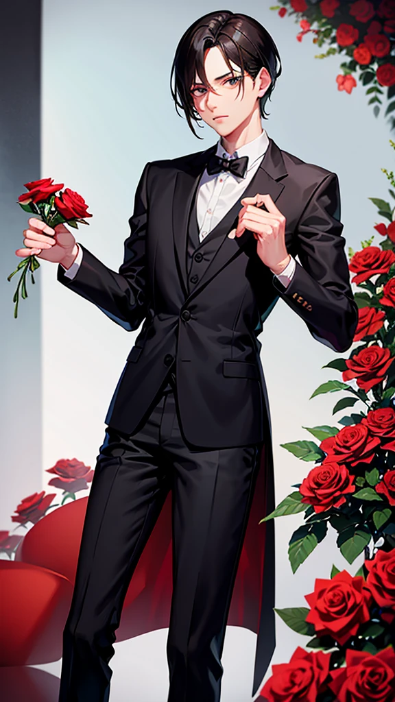Levi Ackerman wearing a formal suit and handing a rose to the camera, whole body