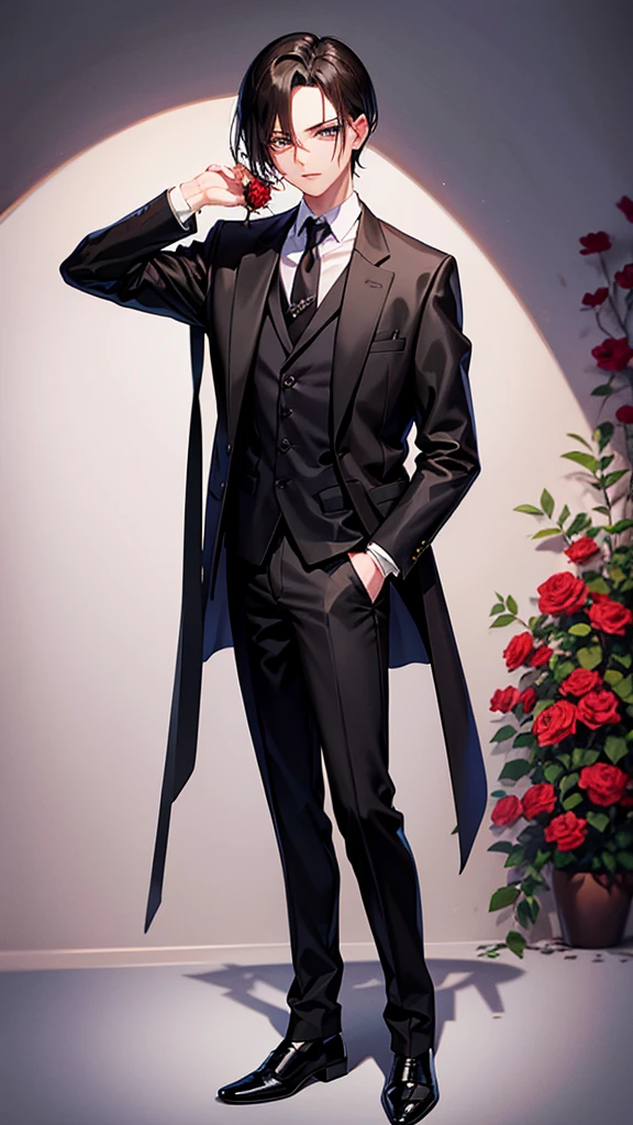 Levi Ackerman wearing a formal suit and handing a rose to the camera, whole body