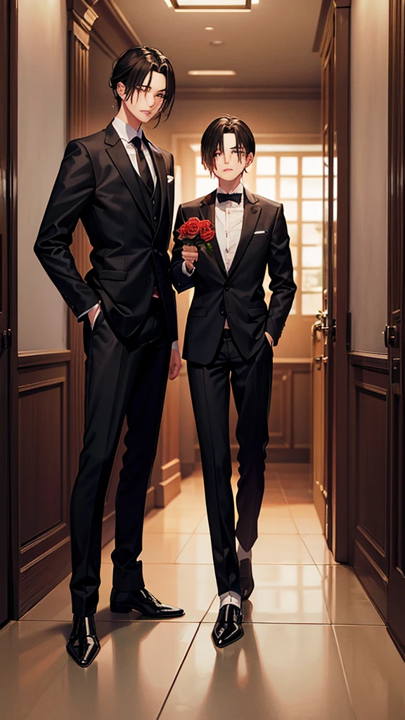 Levi Ackerman wearing a formal suit and handing a rose to the camera, whole body