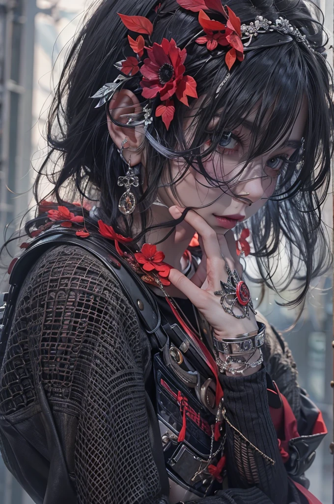 Highest quality、8K、masterpiece：1.3、Gothic Punk、The inner color is red、Gray Black Hair、hair ornaments、beautiful girl、creative、Punk Shirt、Neogoth、Goth Fashion：1.2、High resolution、masterpiece、Highest quality、頭w:1.3、((Hasselblad Photos))、Fine skin、Sharp focus、(Cinema Lighting)、Explore Tokyo&#39;The city at night beyond the neon lights, Forehead open, 17 years old、Petting&#39;Hair back、Shoulder Bare、Small red rose tattoo on the décolletage、Just one tattoo