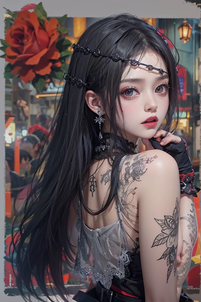Highest quality、8K、masterpiece:1.3、Gothic Punk、The inner color is red、Gray Black Hair、hair ornaments、beautiful girl、creative、Punk Shirt、Neogoth、Goth Fashion:1.2、High resolution、masterpiece、Highest quality、頭w:1.3、((Hasselblad Photos))、Fine skin、Sharp focus、(Cinema Lighting)、Explore Tokyo'The city at night beyond the neon lights, Forehead open, 17 years old、Petting'Hair back、Shoulder Bare、Small red rose tattoo on the décolletage、Just one tattoo