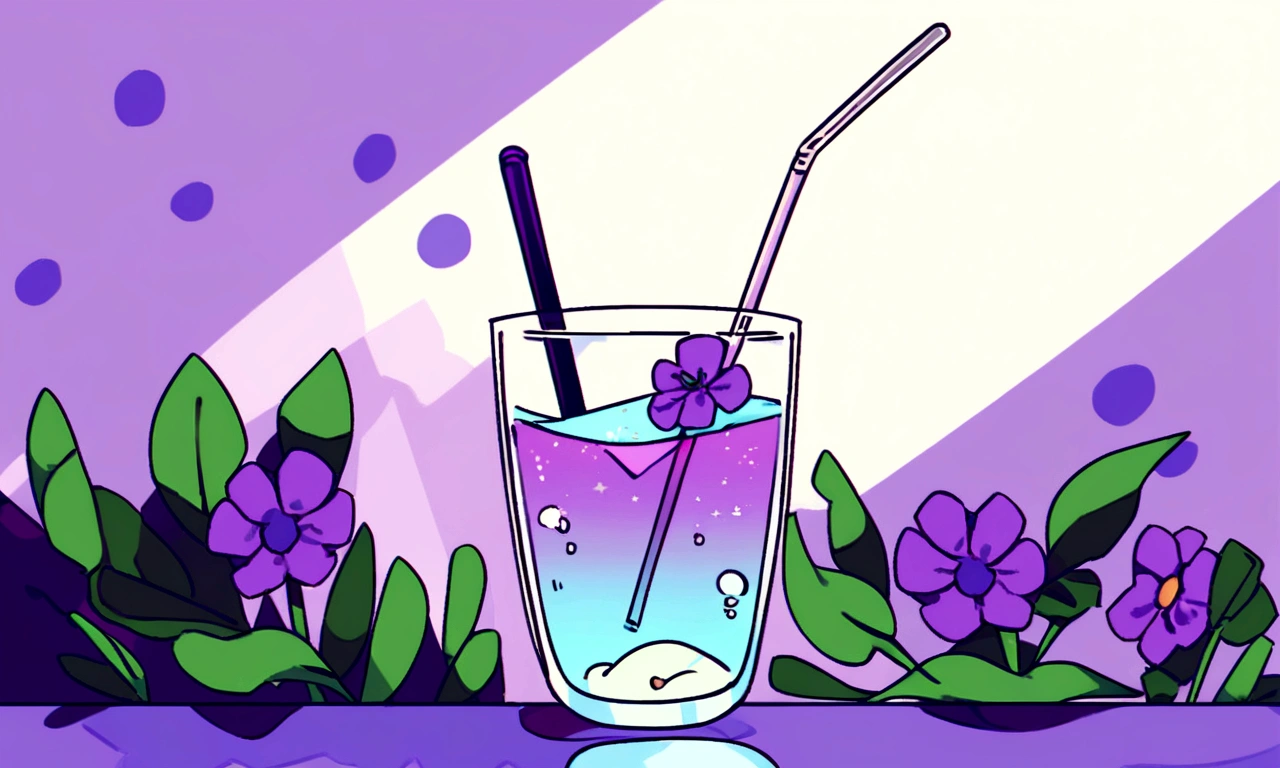 Purple flowers in a glass with a straw, by Oze Kanaoka, Relaxed and calm atmosphere, Artgasm, High definition background, Lo-fi art style, Chill Hop, Shiny digital painting, Lofi Color, Official artwork