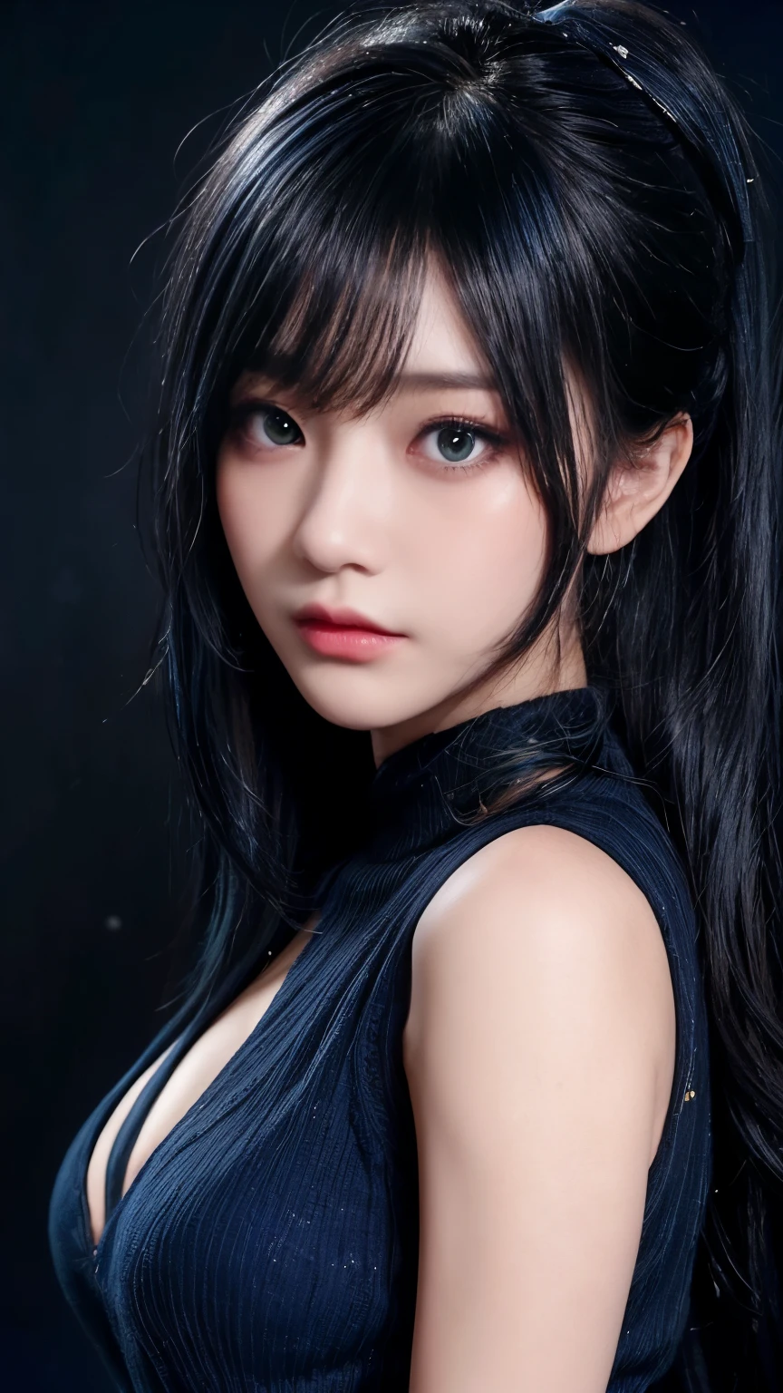 (Previous focus)、(dark: 1.6)、(Masseter Film:1.3)、(32k、realism、Original photo、Highest quality: 1.4)、(One Girl)、Beautiful Face、(A vivid face)、(Long ponytail hairstyle,Black and green hair,:1.3)、Beautiful hairstyle、Realistic eyes、Beautiful details、Deep Shadow、(Real Skin)、Bright green eyes,Big eyes,Wearing red glasses,Half-rim glasses,the presence of moles under the eyes,、There is a mole on the corner of the mouth、Beautiful Skin、(No shoulders、Headless、Wearing a white sweater:1.4)、Absurd、Charm、Ultra-high resolution、Surreal、High detail、Golden Ratio、On the chest、rest、(dark blue background:1.6)