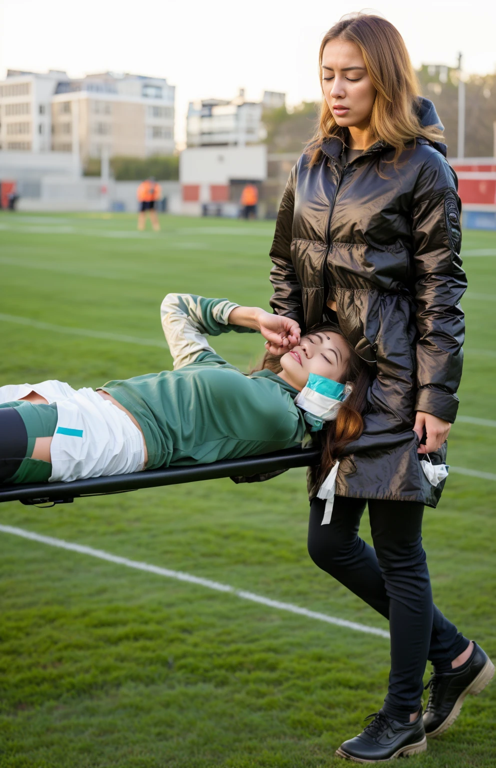 an excessively madeup teenage girl in a laquered coat, a passionately shouting teenage-girl in a laquered coat, there is a sportsman in white shorts and a white t-shirt lying injured on a stretcher, there is an injured sportsman who is covering his face on a stretcher, an injured sportsman is covering his face with his hands, an injured sportsman is writhing in ecstasy on a stretcher, dramatic pity pose, there is a latino woman in a high-shine puffy coat, a high-shine black down coat, a long black moncler coat, a wetlook down coat, a wet black laquered coat, a latino wife is wearing a wetlook black uniform, injured, medic, very professional, soccer action pose, affection pose, lecherous action pose, dramatic action pose, theatralic pose, there is an attractive woman that is carrying a skinny man, there is a beautiful woman in a shiny coat who is carrying a blond man on a wetlook orange stretcher, a longhaired beautiful woman in a high-shine black puffy coat, a longhaired woman in a shiny downcoat, a woman is carrying a shorthaired man who is wearing shorts and a t-shirt, a weak man in spots shorts is consciousless and needs to be carried, a shorthaired man with closed eyes is carried on a stretcher by a longhaired woman, a woman looks very scared and terrified, a consciousless man with closed eyes is suffering very much and has a very painful face, photo, photo shoot, photographed , accident, help, aid, first aid, pity