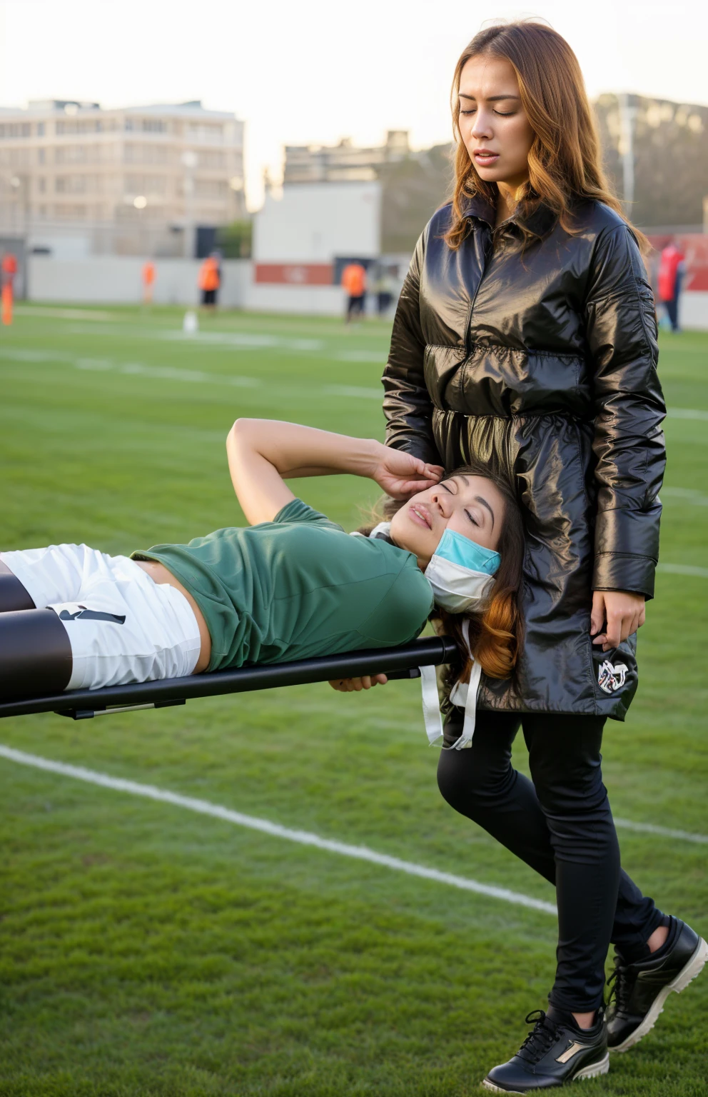 an excessively madeup teenage girl in a laquered coat, a passionately shouting teenage-girl in a laquered coat, there is a sportsman in white shorts and a white t-shirt lying injured on a stretcher, there is an injured sportsman who is covering his face on a stretcher, an injured sportsman is covering his face with his hands, an injured sportsman is writhing in ecstasy on a stretcher, dramatic pity pose, there is a latino woman in a high-shine puffy coat, a high-shine black down coat, a long black moncler coat, a wetlook down coat, a wet black laquered coat, a latino wife is wearing a wetlook black uniform, injured, medic, very professional, soccer action pose, affection pose, ????????? action pose, dramatic action pose, theatralic pose, there is an attractive woman that is carrying a skinny man, there is a beautiful woman in a shiny coat who is carrying a blond man on a wetlook orange stretcher, a longhaired beautiful woman in a high-shine black puffy coat, a longhaired woman in a shiny downcoat, a woman is carrying a shorthaired man who is wearing shorts and a t-shirt, a weak man in spots shorts is consciousless and needs to be carried, a shorthaired man with closed eyes is carried on a stretcher by a longhaired woman, a woman looks very scared and terrified, a consciousless man with closed eyes is suffering very much and has a very painful face, photo, photo shoot, photographed , accident, help, aid, first aid, pity