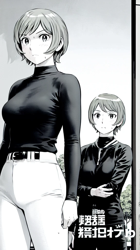 (Baseball uniform:1.2),
Blonde Hair, (short hair:1.2),Long sleeve, Black Shirt, turtleneck,White trousers、uniform、Black belt、((Illustration of people))、Big 、
View Audience,, (Highest quality:1.3),One Girl, White pants、uniform、Outdoor、baseball ground、ground、soil、blue eyes、Tight black shirt、(masterpiece、Highest quality)、Highest quality, Ultra-high resolution, (((masterpiece))), alone, Sweat、Big eyes、Big Breasts、One Girl, Front view、Embarrassed face、Bronze colored hair、((short hair))、Stand up straight