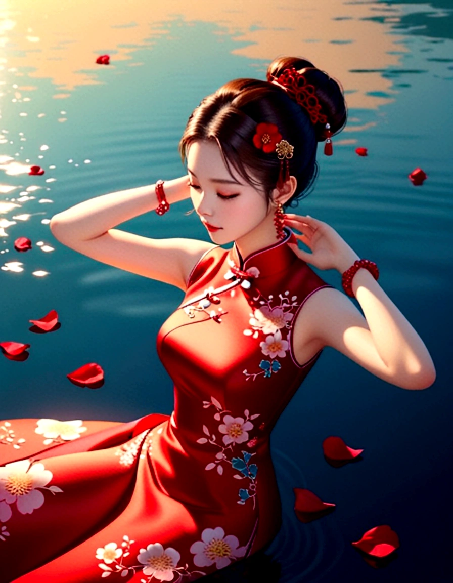 best quality, ultra-detailed, extremely delicate and beautiful, 1woman, cheongsam, single hair bun, hand on own head, bracelet, jewelry, scattered petals, reflective sea surface,