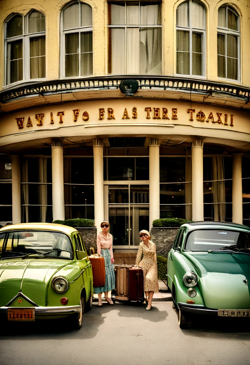 She is standing in front of the hotel entrance, Holding a suitcase next to her, wait for a taxi. There are also cars on site.. The image is a surreal color photo.
