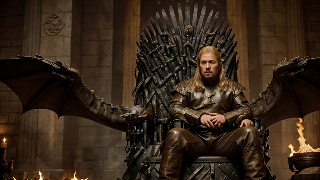 Handsome blond man sits on the iron throne, surrounded by big living dragons like in Game of Thrones. hyperrealism, movie