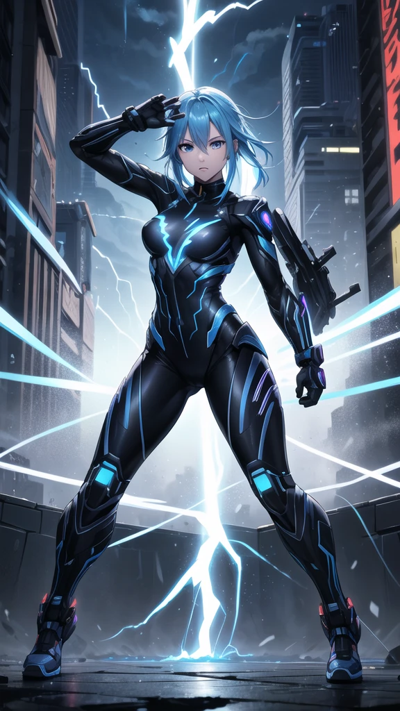 real、Lightning aura、Lightning Energy、Fighting Pose、Blue Hair、cyber punk、Thunder in the background、whole body、Lightning costume、Fighting face