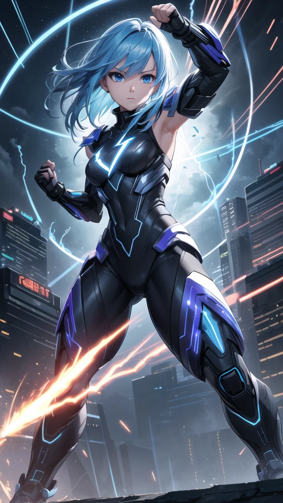 real、Lightning aura、Lightning Energy、Fighting Pose、Blue Hair、cyber punk、Thunder in the background、whole body、Lightning costume、Fighting face