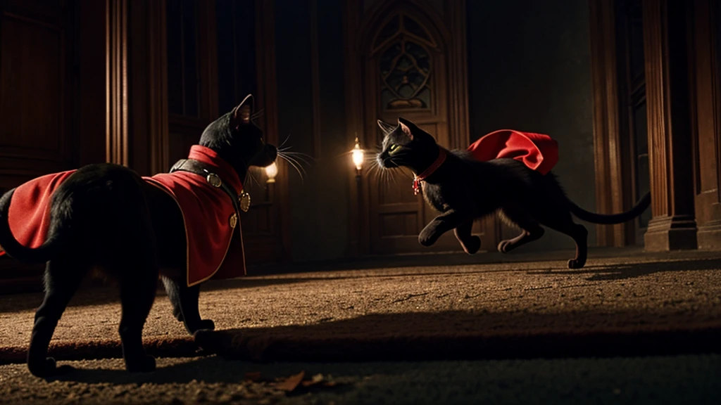 a black cat, red cape, amulet collar, chases after rat in a gothic mansion, high detail, atmospheric, 1980s anime screen caps
