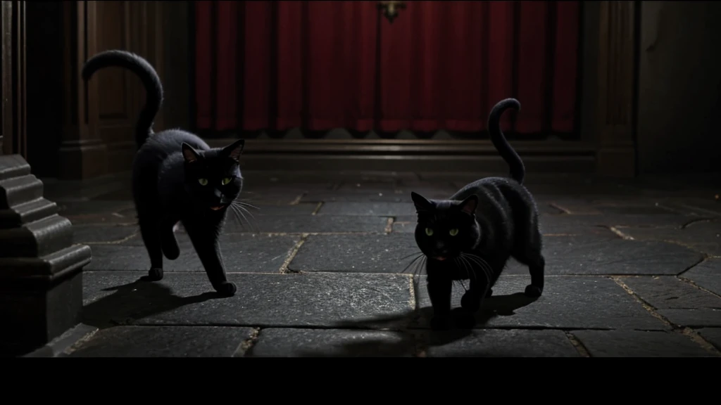a black cat, red cape, amulet collar, chases after rat in a gothic mansion, high detail, atmospheric, 1980s anime screen caps