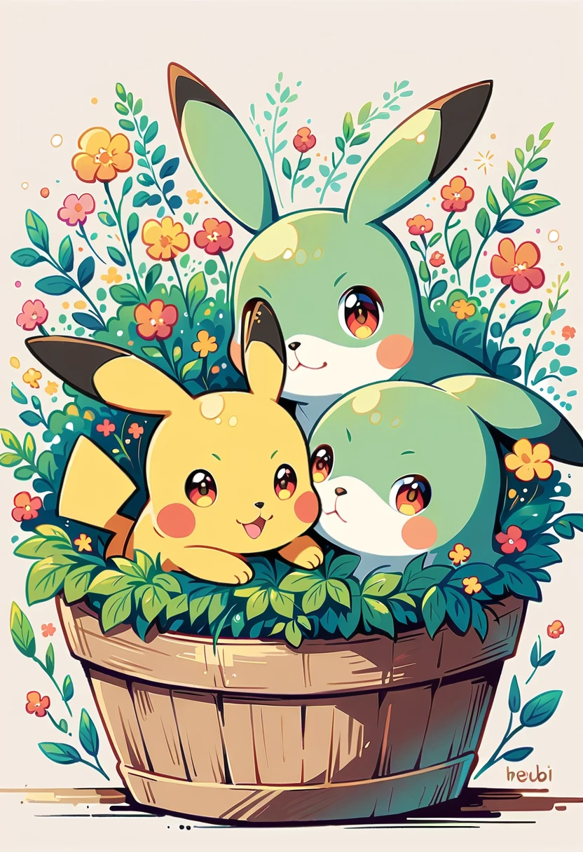 cozy scene featuring hanging planters with adorable Pokémon, adding elements of Pikachu. The planters should be filled with lush greenery and colorful flowers. Include Pikachu comfortably resting in one of the planters, alongside other Pokémon like Celebi and Snivy. Use soft pastel colors and whimsical details to enhance the charm. The background should have subtle stripes with shades of green and peach, maintaining a warm and inviting atmosphere