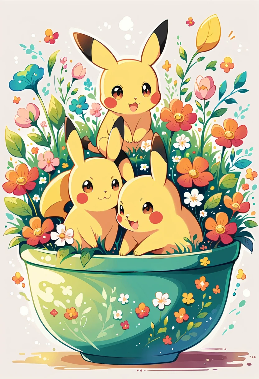 cozy scene featuring hanging planters with adorable Pokémon, adding elements of Pikachu. The planters should be filled with lush greenery and colorful flowers. Include Pikachu comfortably resting in one of the planters, alongside other Pokémon like Celebi and Snivy. Use soft pastel colors and whimsical details to enhance the charm. The background should have subtle stripes with shades of green and peach, maintaining a warm and inviting atmosphere