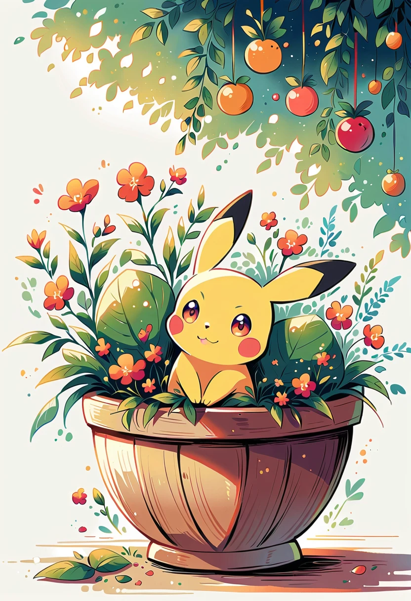 cozy scene featuring hanging planters with adorable Pokémon, adding elements of Pikachu. The planters should be filled with lush greenery and colorful flowers. Include Pikachu comfortably resting in one of the planters, alongside other Pokémon like Celebi and Snivy. Use soft pastel colors and whimsical details to enhance the charm. The background should have subtle stripes with shades of green and peach, maintaining a warm and inviting atmosphere