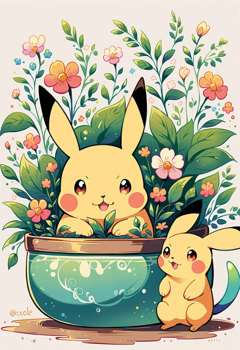 cozy scene featuring hanging planters with adorable Pokémon, adding elements of Pikachu. The planters should be filled with lush greenery and colorful flowers. Include Pikachu comfortably resting in one of the planters, alongside other Pokémon like Celebi and Snivy. Use soft pastel colors and whimsical details to enhance the charm. The background should have subtle stripes with shades of green and peach, maintaining a warm and inviting atmosphere
