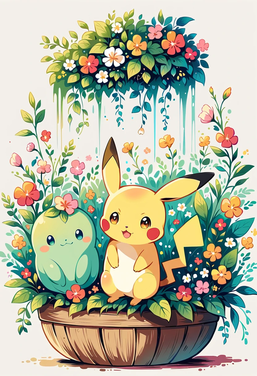 cozy scene featuring hanging planters with adorable Pokémon, adding elements of Pikachu. The planters should be filled with lush greenery and colorful flowers. Include Pikachu comfortably resting in one of the planters, alongside other Pokémon like Celebi and Snivy. Use soft pastel colors and whimsical details to enhance the charm. The background should have subtle stripes with shades of green and peach, maintaining a warm and inviting atmosphere