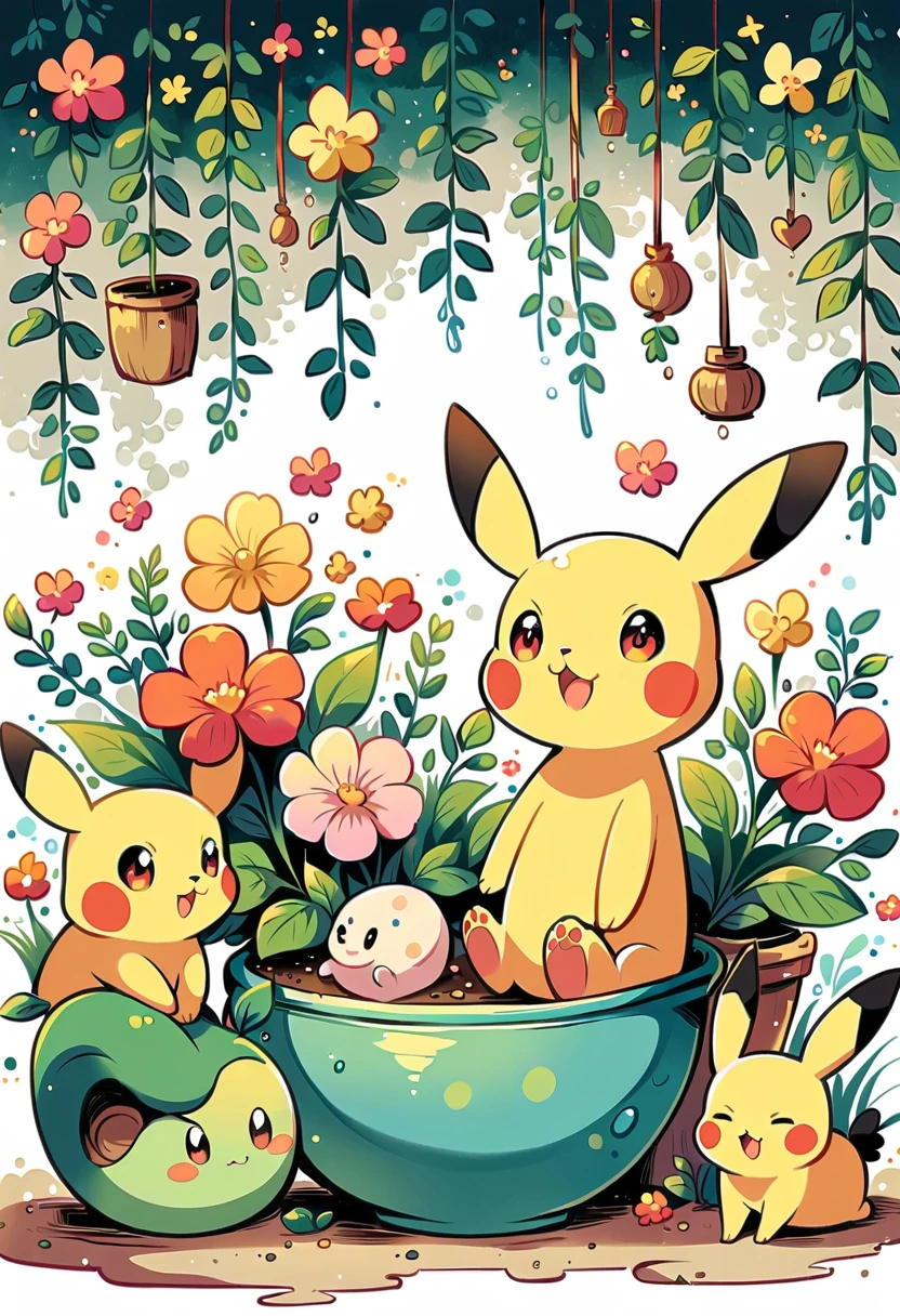 cozy scene featuring hanging planters with adorable Pokémon, adding elements of Pikachu. The planters should be filled with lush greenery and colorful flowers. Include Pikachu comfortably resting in one of the planters, alongside other Pokémon like Celebi and Snivy. Use soft pastel colors and whimsical details to enhance the charm. The background should have subtle stripes with shades of green and peach, maintaining a warm and inviting atmosphere