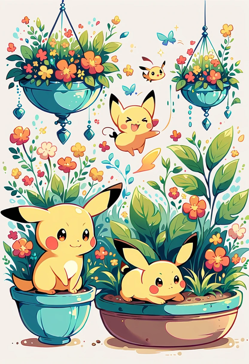 cozy scene featuring hanging planters with adorable Pokémon, adding elements of Pikachu. The planters should be filled with lush greenery and colorful flowers. Include Pikachu comfortably resting in one of the planters, alongside other Pokémon like Celebi and Snivy. Use soft pastel colors and whimsical details to enhance the charm. The background should have subtle stripes with shades of green and peach, maintaining a warm and inviting atmosphere