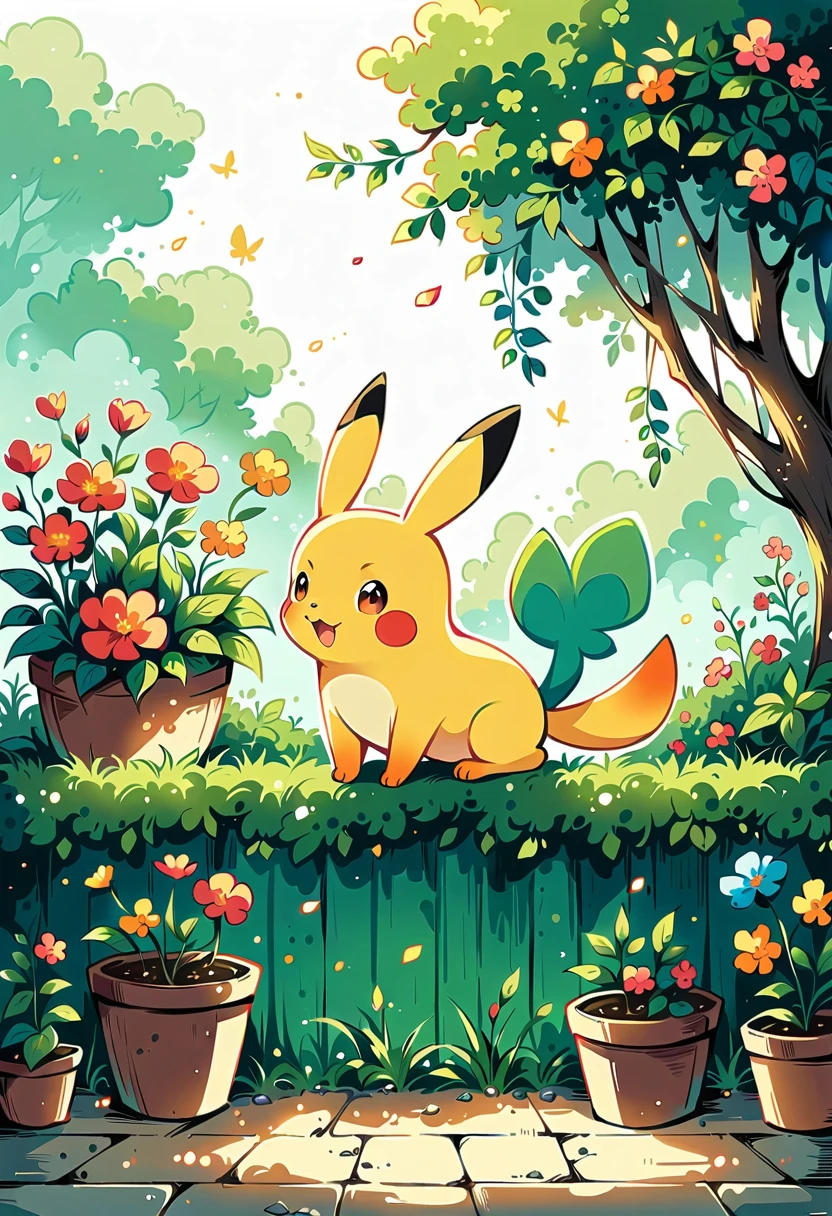 cozy scene featuring hanging planters with adorable Pokémon, adding elements of Pikachu. The planters should be filled with lush greenery and colorful flowers. Include Pikachu comfortably resting in one of the planters, alongside other Pokémon like Celebi and Snivy. Use soft pastel colors and whimsical details to enhance the charm. The background should have subtle stripes with shades of green and peach, maintaining a warm and inviting atmosphere