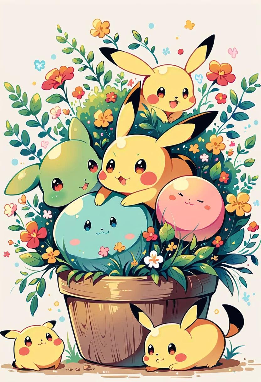 cozy scene featuring hanging planters with adorable Pokémon, adding elements of Pikachu. The planters should be filled with lush greenery and colorful flowers. Include Pikachu comfortably resting in one of the planters, alongside other Pokémon like Celebi and Snivy. Use soft pastel colors and whimsical details to enhance the charm. The background should have subtle stripes with shades of green and peach, maintaining a warm and inviting atmosphere