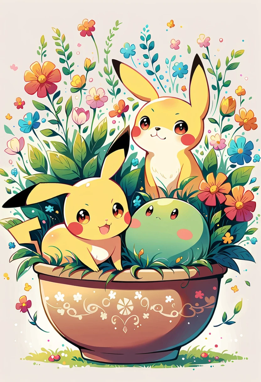 cozy scene featuring hanging planters with adorable Pokémon, adding elements of Pikachu. The planters should be filled with lush greenery and colorful flowers. Include Pikachu comfortably resting in one of the planters, alongside other Pokémon like Celebi and Snivy. Use soft pastel colors and whimsical details to enhance the charm. The background should have subtle stripes with shades of green and peach, maintaining a warm and inviting atmosphere